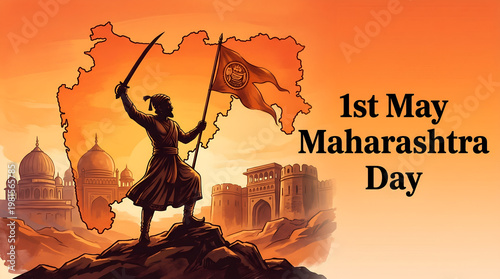 creative banner of Maharashtra Day Hindi Calligraphy with Maharashtra map vector and Shivaji Maharaj illustration