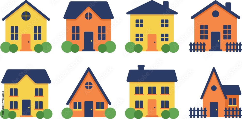 Fototapeta premium Bright and Colorful House Icon Set with Various Styles, Roof Shapes, and Gardens for Real Estate, Home, and Family Designs