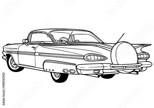 Classic 1950s Vintage Coupe with Continental Spare Tire Kit Illustration Retro Line Art
