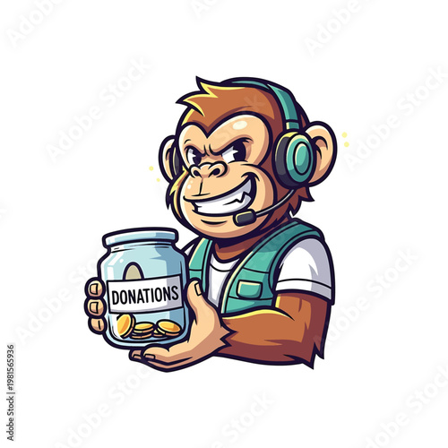 Donating monkey with headset holding donations jar