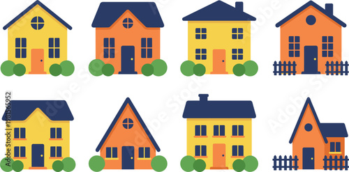Bright and Colorful House Icon Set with Various Styles, Roof Shapes, and Gardens for Real Estate, Home, and Family Designs