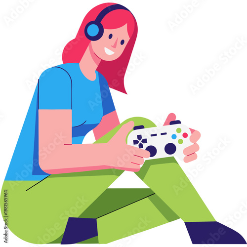 A girl wearing headphones plays video games with a controller sitting down