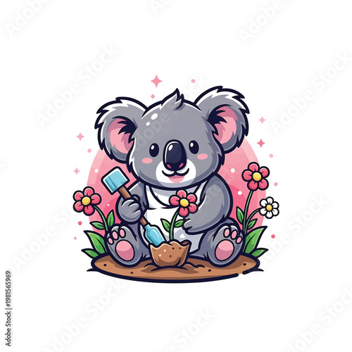 Koala baby planting flowers with shovel in garden