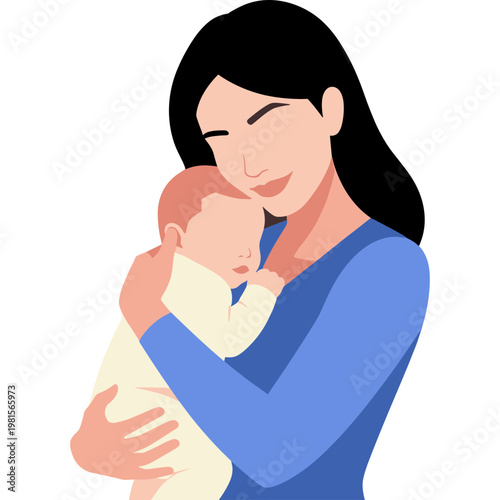 A woman tenderly holds and cuddles her sleeping baby in her arms.