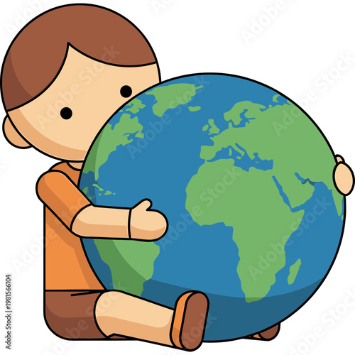 A child sitting indoors holding a large blue and green globe.