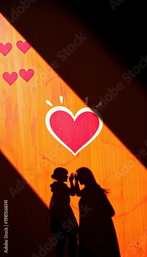 Shadowed figures present radiant hearts on a vibrant, textured canvas below A tableau of shared purpose and bold affection ,  light,  shared