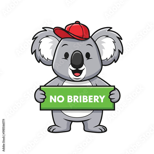 Koala with red cap holding no bribery sign