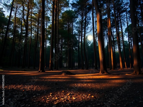 Silent forest clearing, dappled moonlight paints the ground Nighttime woodland repose,  clearing,  moonlight