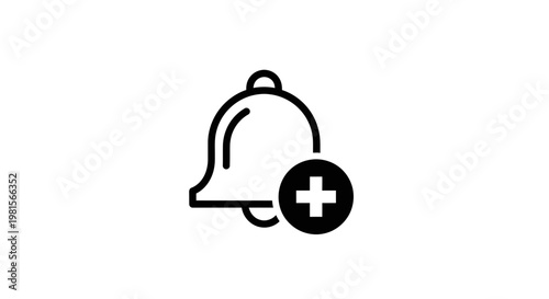 Bell Notification Icon with Plus Symbol, Alert and Add New Reminder Symbol