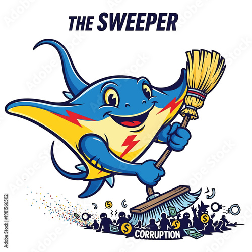 Cartoon Sweeper Shark Cleans Up Corruption Scene with Broom