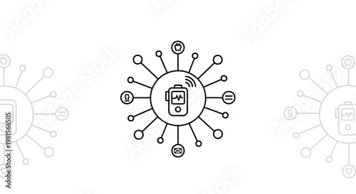 Connected Health Device with Icons: IoT, Medical, Communication, and Data Flow