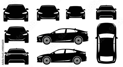 Modern Electric Car Silhouettes: Front, Side, Top Views