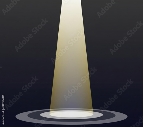 Spotlight illuminating a dark stage with a beam of light, creating a dramatic effect on a circular platform with concentric rings