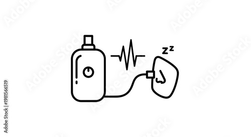 CPAP machine icon with sleep apnea mask and heart rate line, sleep therapy concept