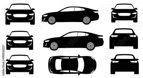 Modern Sedan Car Silhouette - Multiple Views: Front, Side, Top, Rear