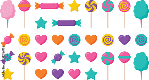 Vibrant Candy and Lollipop Icon Set with Cotton Candy, Heart and Star Candies, and Swirl Lollipops for Sweet, Fun, and Party Designs