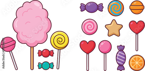 Colorful Candy and Lollipop Icon Set with Cotton Candy, Lollipops, Sweets, and Sugar Treats for Dessert, Party, and Fun Designs