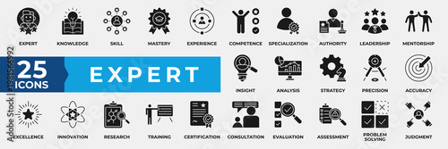 Expert icon set collection, containing icon expert, knowledge, skill, mastery, experience, competence, leadership, mentorship and innovation. Simple Solid Icon Vector Illustration.