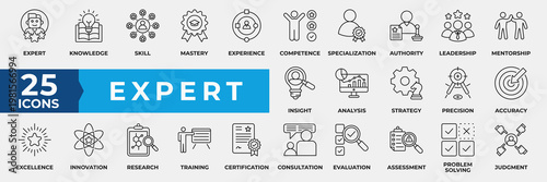 Expert icon set collection, containing icon expert, knowledge, skill, mastery, experience, competence,   leadership, mentorship and innovation. Simple Line Icon Vector Illustration.