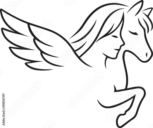 A minimalist black and white line art illustration showing a person merging with a winged horse.
