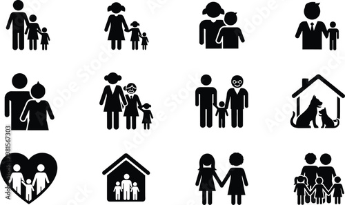 Family icons set: parents with children and pets children daughter silhouette minimalist relationships together