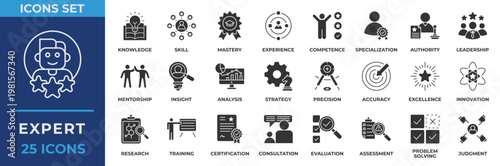 Expert icon set, with icon expert, knowledge, skill, mastery, experience, competence, leadership, mentorship, innovation and more. Solid Icon Vector Illustration.
