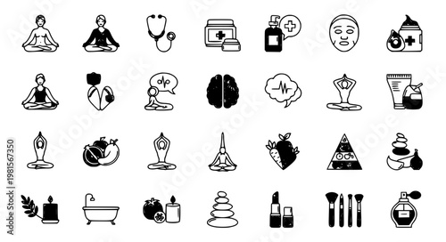 Stylized wellness healthcare line icon set 45 vector EPS10 editable stroke isolated