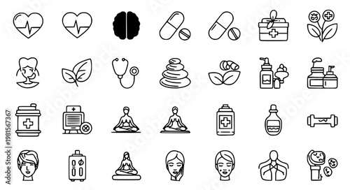 Wellness healthcare 45 line icon set editable stroke vector EPS10 isolated