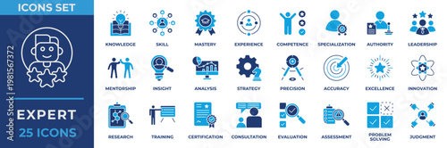 Expert icon set, with icon expert, knowledge, skill, mastery, experience, competence, leadership, mentorship, innovation and more. Flat Blue Icon Vector Illustration.