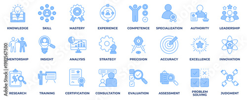 Expert icon set collection, with expert, knowledge, skill, mastery, experience, competence, leadership, mentorship and innovation. Blue Style Icon Vector Illustration.