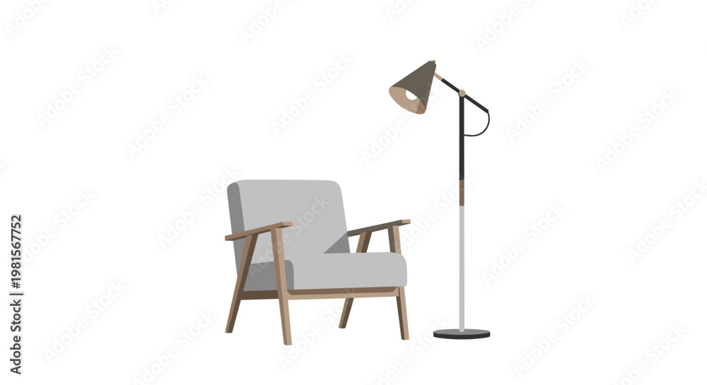 Fototapeta premium A stylish mid-century modern armchair with light grey fabric and tapered wooden legs sits beside a sleek black floor lamp in a pristine minimalist setting.
