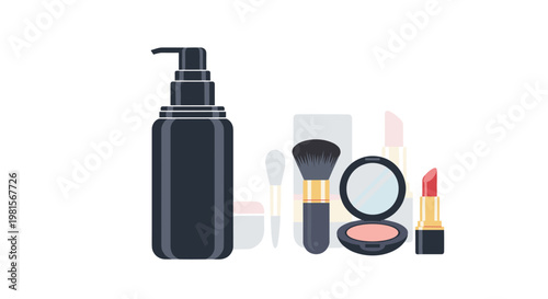 A diverse collection of beauty and makeup products including a black pump dispenser bottle, soft brushes, a compact powder, and a vibrant red lipstick tube.