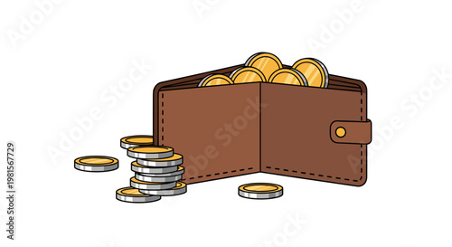 A meticulous brown leather wallet remains open on a pristine white background while several golden coins spill out in a vibrant and organized fashion.