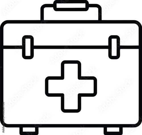 Black outline icon of a medical first aid kit or doctor bag with cross symbol on grey checkered background