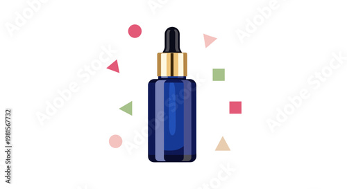 A premium dark blue glass dropper bottle for essential oils or serum is presented amidst a playful arrangement of colorful floating geometric shapes.