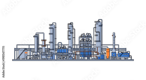 A large industrial oil refinery complex features multiple tall distillation towers and intricate piping systems rendered in a meticulous blue and grey style.
