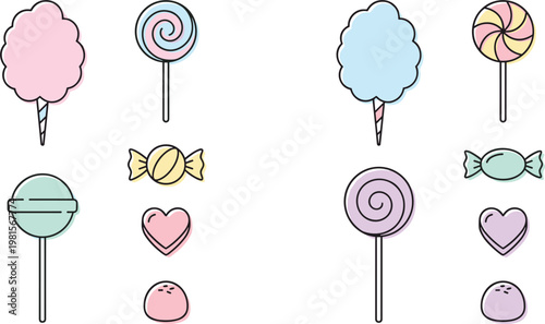Sweet Candy and Lollipop Icon Set with Cotton Candy, Hard Candies, Lollipops, and Gummy Sweets for Dessert, Confectionery, and Party Designs