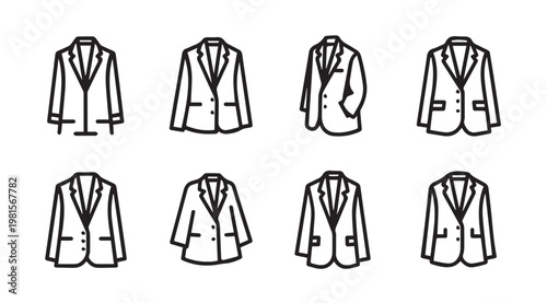 Collection of simple outline illustrations of blazers and suit jackets for fashion design
