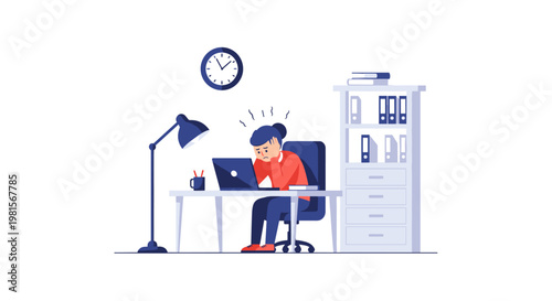 A stressed female employee sits at her busy office desk holding her head while working on a laptop computer under a blue lamp during late night hours.