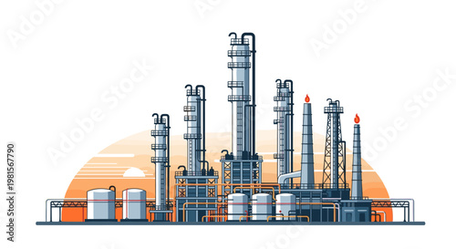 A massive industrial chemical plant stands silhouetted against a vibrant orange setting sun with tall towers and small flames burning from the exhaust stacks.