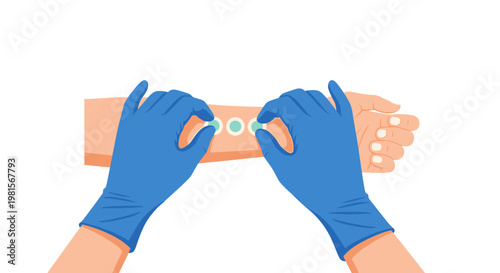 Two hands wearing blue protective surgical gloves carefully place small circular green diagnostic patches onto a light-skinned forearm for medical skin testing.