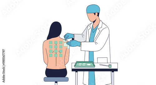 A professional male doctor wearing a white medical coat and blue surgical cap applies several green diagnostic patches to a female patient's bare back.