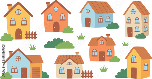 Photos Colorful House Icon Set with Cute Cottages, Fences, and Greenery for Real Estate