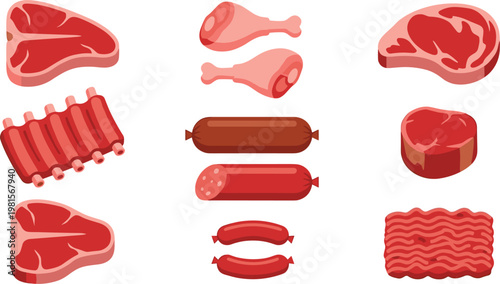 Meat and Sausage Icon Set with Steak, Ribs, Bacon, Sausage, and Ground Beef Illustrations for Food, Grill, and Butcher Shop Designs