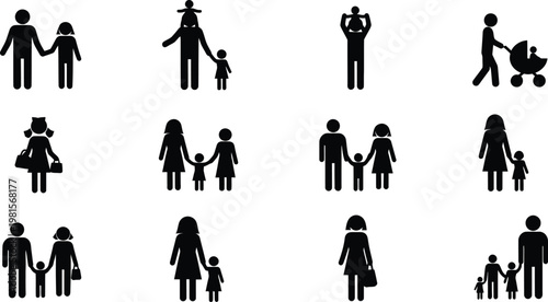 Family icon set: parents with children and baby stroller carrying child family outing children daughter stroller