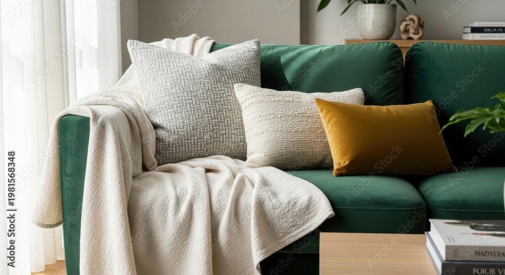 Fototapeta premium Cozy Textured Pillows and Soft Throw Blanket Draped Over a Plush Green Sofa for Inviting Living Room Comfort
