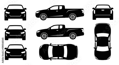 Pickup Truck Vehicle Views: Front, Side, Top, Back Silhouettes