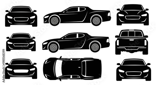 Set of Black Car Silhouettes - Front, Side, Top, and Rear Views