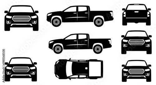 Pickup Truck Icons: Front, Side, Top Views - Black Silhouette on White Background