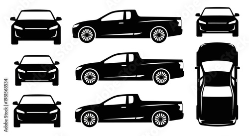 Pickup Truck Silhouettes: Front, Side, and Top Views